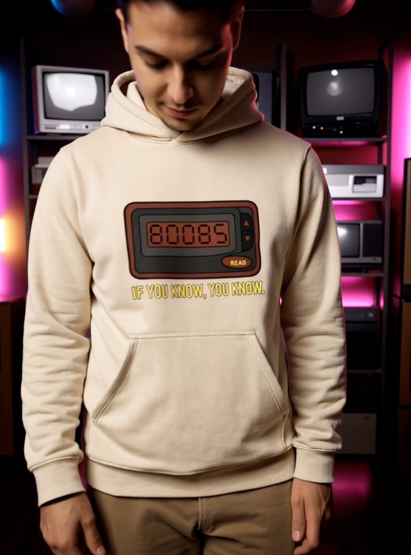 Man wearing beige hoodie with retro pager ‘80085’ graphic in vintage tech room