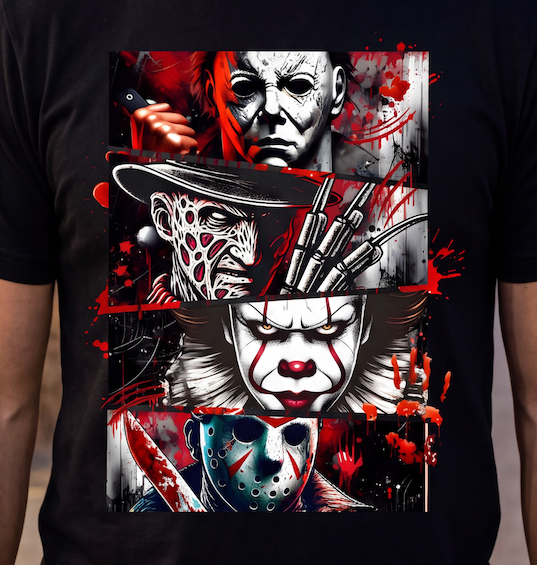 A  black close up graphic t-shirt featuring a collage of horror movie villains, standing in a Halloween-themed street at dusk.