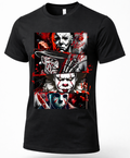 A  black graphic t-shirt featuring a collage of horror movie villains, standing in a Halloween-themed street at dusk.