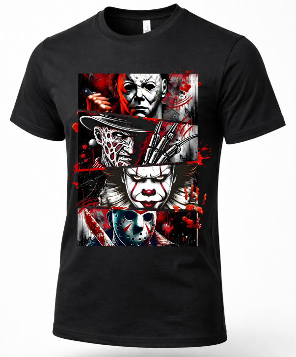 A  black graphic t-shirt featuring a collage of horror movie villains, standing in a Halloween-themed street at dusk.