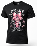A black short-sleeve crewneck t-shirt featuring a Halloween-themed graphic on the front. The design includes the text 'BOO-JEE Mama' in white, a pink leopard-print coffee cup, a large pink bow, bats, and skeleton hands holding the cup.