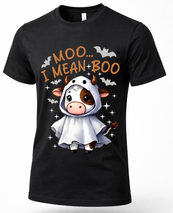 A black short-sleeve crewneck t-shirt featuring a cartoon graphic of a cow in a white hooded costume with the text 'MOO.