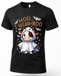 A black short-sleeve crewneck t-shirt featuring a cartoon graphic of a cow in a white hooded costume with the text 'MOO.