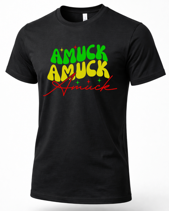 A black short-sleeve crewneck t-shirt featuring a colorful graphic on the chest that reads 'AMUCK AMUCK Amuck' in green, yellow, and red stylized lettering with small star accents.