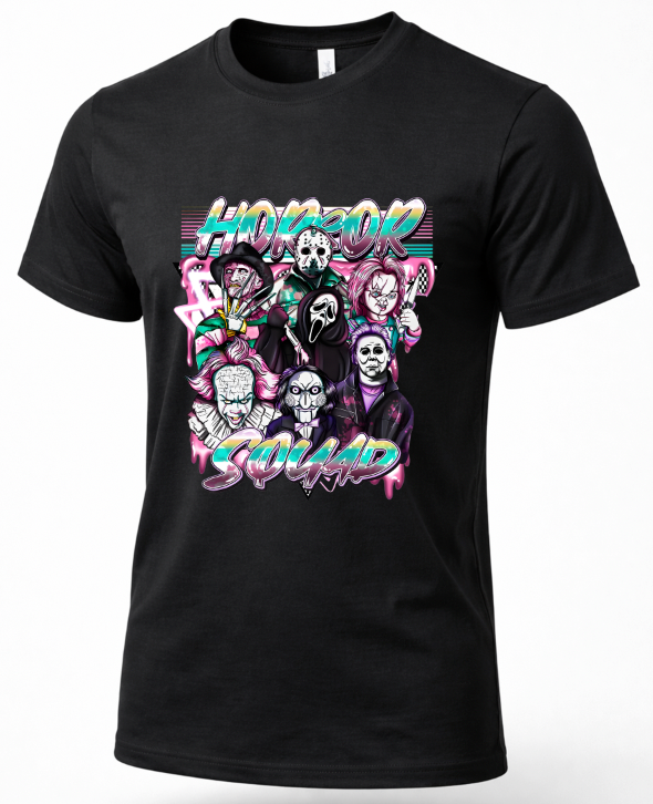A black short-sleeve crewneck t-shirt featuring a colorful graphic print of the horror movie 'Horror Squad' on the front, displayed against a clean white background.