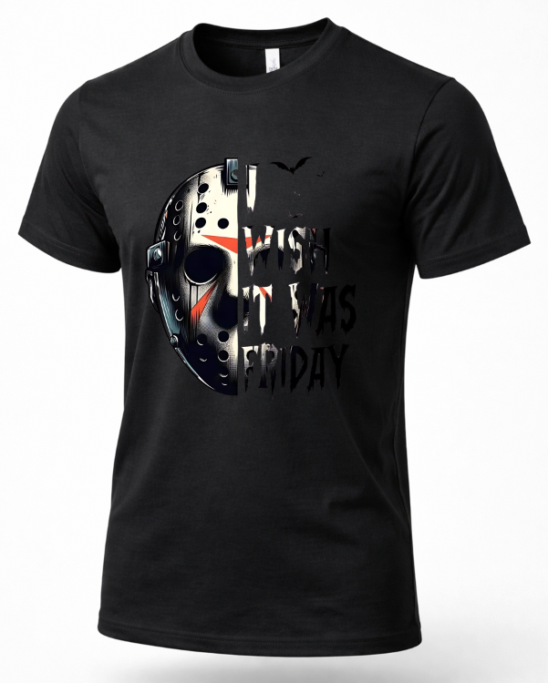 A black short-sleeve crewneck t-shirt featuring a graphic of Jason Voorhees' hockey mask on the left side and the text 'WHEN IT WAS FRIDAY' on the right side, set against a plain white background.