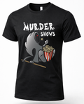 A black short-sleeve crewneck t-shirt featuring a graphic of a cartoon gray creature holding a popcorn bucket with red and white stripes, under the text 'MURDER SHOWS' in a dripping white font.