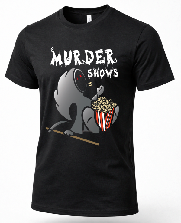 A black short-sleeve crewneck t-shirt featuring a graphic of a cartoon gray creature holding a popcorn bucket with red and white stripes, under the text 'MURDER SHOWS' in a dripping white font.