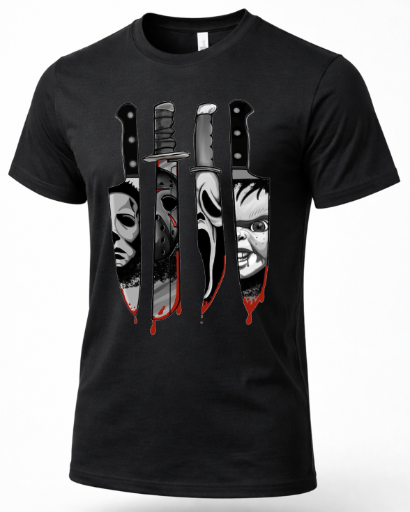 A black short-sleeve crewneck t-shirt featuring a graphic print of four horror movie knives dripping with red blood, each filled with a stylized black and white face (Michael Myers, Jason Voorhees, Freddy Krueger, and Pennywise).