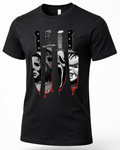 A black short-sleeve crewneck t-shirt featuring a graphic print of four horror movie knives dripping with red blood, each filled with a stylized black and white face (Michael Myers, Jason Voorhees, Freddy Krueger, and Pennywise).