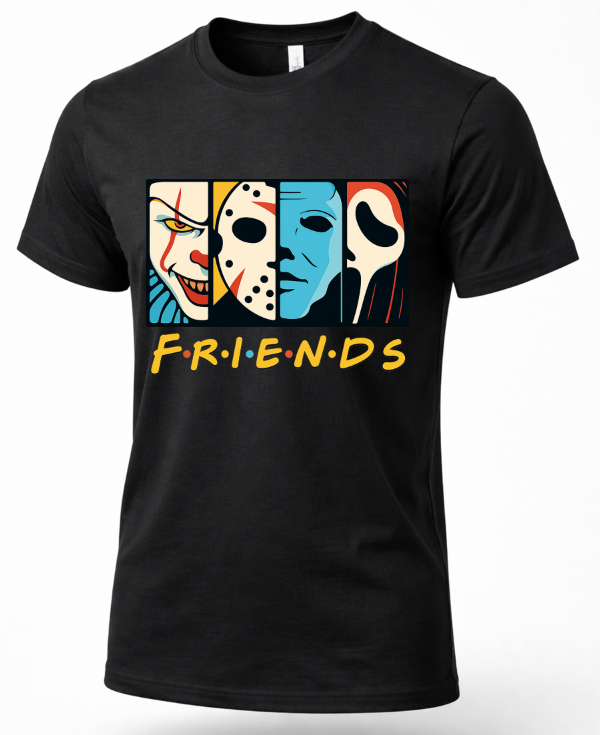 A black short-sleeve crewneck t-shirt featuring a graphic print of the 'Friends' TV show characters wearing hockey masks, with the word 'FRIENDS' printed below in the show's signature yellow font.