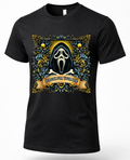 A black short-sleeve crewneck t-shirt featuring a large graphic print of the Ghostface mask surrounded by blue and gold roses, with a banner reading 'SCREAM FOR YOUR LIFE'.