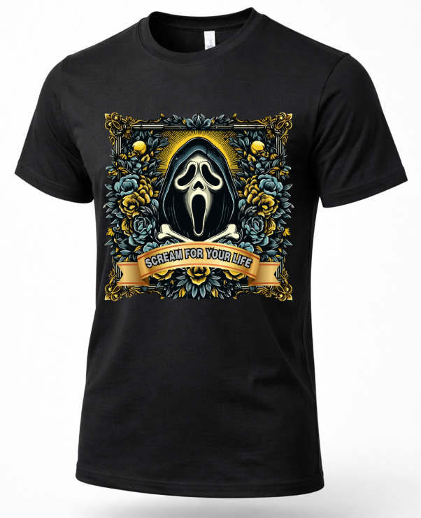 A black short-sleeve crewneck t-shirt featuring a large graphic print of the Ghostface mask surrounded by blue and gold roses, with a banner reading 'SCREAM FOR YOUR LIFE'.