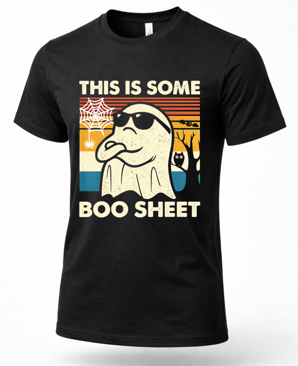 A black short-sleeve crewneck t-shirt featuring a retro-style graphic of a ghost wearing sunglasses with the text 'THIS IS SOME BOO SHEET' on the front, displayed on a clean white background.