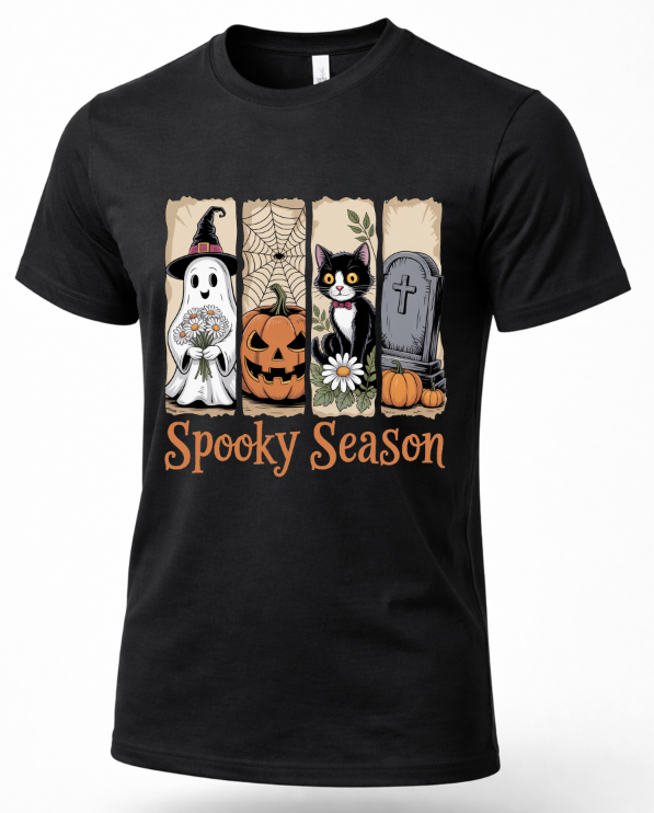 A black short-sleeve crewneck t-shirt featuring a vertical graphic design with four panels showing a ghost, a pumpkin, a black cat, and a tombstone, with 'Spooky Season' written in orange text below.