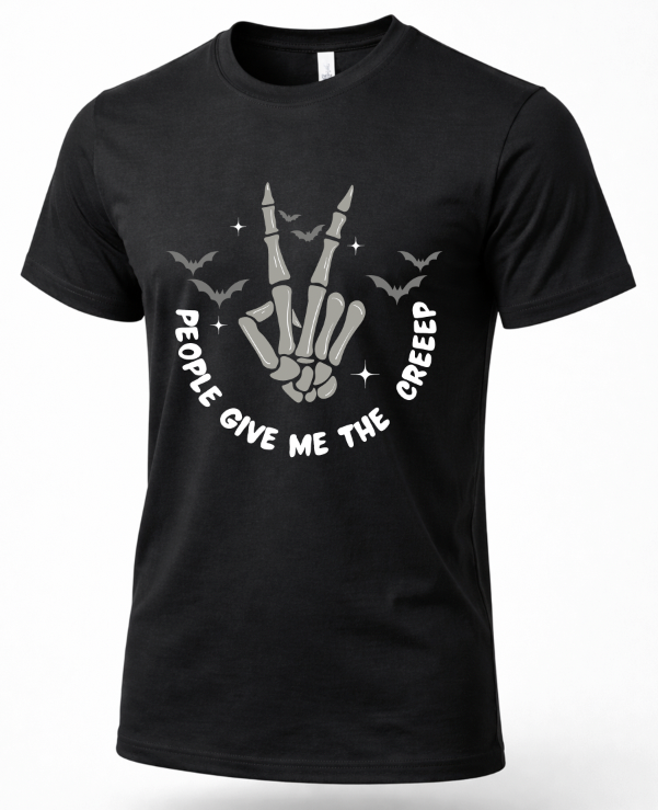 A black short-sleeve crewneck t-shirt featuring a white graphic of a skeleton hand making a peace sign, surrounded by bats, stars, and the text 'PEOPLE GIVE ME THE CREEP'.