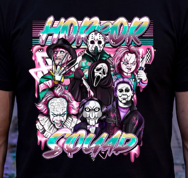 A black short-sleeve graphic t-shirt featuring a colorful 'Horror Squad' print of iconic horror movie villains, shown on a model.