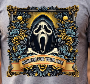 A close-up of a gray heather t-shirt featuring a large graphic print of the Ghostface mask from Scream, surrounded by blue and gold roses, skulls, and a banner that reads 'SCREAM FOR YOUR LIFE'.