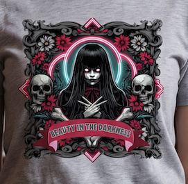 A close-up of a light gray t-shirt featuring a detailed gothic graphic print. The design depicts a dark-haired woman with a white face and black eyes, flanked by two skulls, with a pink banner reading 'BEAUTY IN THE DARKNESS'.
