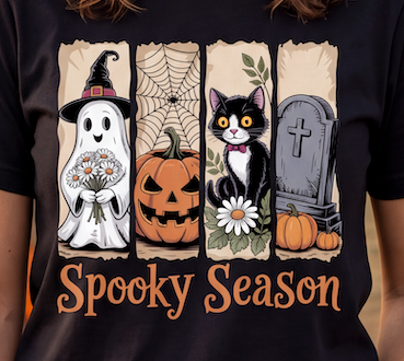A close-up of a person wearing a black T-shirt with a Halloween-themed graphic print. The design features four vertical panels showing a white ghost holding daisies, an orange jack-o'-lantern, a black-and-white cat with a flower, and a gray tombstone, with the text 'Spooky Season' below in orange.