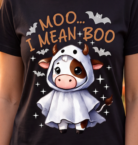 A close-up of a person wearing a black graphic T-shirt. The shirt features a cartoon cow in a white ghost costume with the text 'MOO.