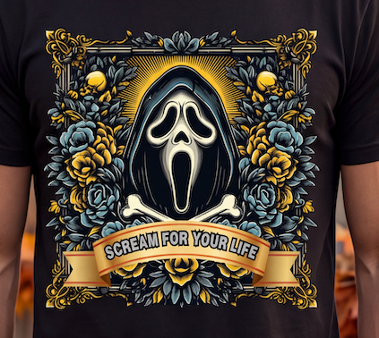 A close-up of a person wearing a black graphic T-shirt. The shirt features a large ornate design with a Ghostface-style ghost face centered over crossed bones, surrounded by blue and yellow flowers and a banner reading 'SCREAM FOR YOUR LIFE'.
