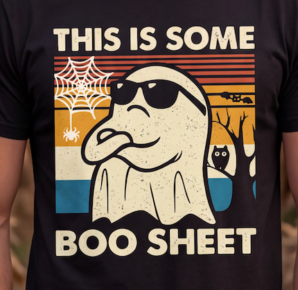 A close-up of a person wearing a black graphic t-shirt. The shirt features a vintage-style Halloween design with the text 'THIS IS SOME BOO SHEET' and a cartoon ghost wearing sunglasses, set against a striped sunset background with a spiderweb and an owl.