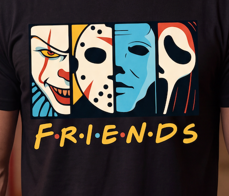 A close-up of a person wearing a black t-shirt with a graphic print of horror movie villains styled like the Friends logo, featuring the word 'FRIENDS' in yellow with red and blue dots.
