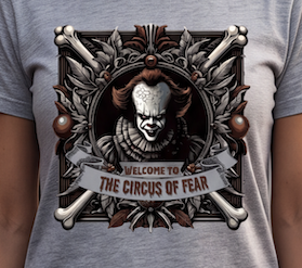 A close-up of a person wearing a heather gray t-shirt with a detailed graphic print on the chest. The graphic features a stylized clown inside an ornate frame with bones and the text 'WELCOME TO THE CIRCUS OF FEAR'.