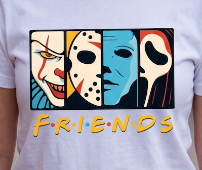 A close-up of a person wearing a white t-shirt with a graphic print of horror movie villains styled like the Friends logo, featuring the word 'FRIENDS' in yellow with red and blue dots.