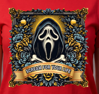 A close-up of a red T-shirt featuring a large graphic print. The design shows the Ghostface mask from the Scream franchise inside a black hood, surrounded by blue and yellow roses, a skull, and a banner that reads 'SCREAM FOR YOUR LIFE'.