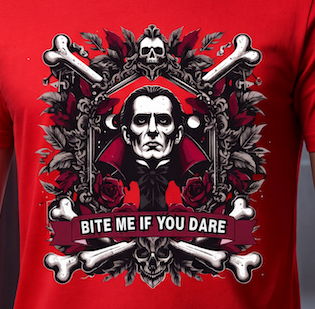 A close-up of a red short-sleeve T-shirt featuring a large gothic graphic print. The design shows a stylized portrait of a man in a black and white mask, surrounded by crossed bones, skulls, roses, and a dark red banner reading 'BITE ME IF YOU DARE'.