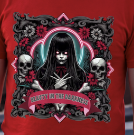 A close-up of a red short-sleeve t-shirt featuring a large, detailed gothic graphic print on the front. The graphic depicts a dark-haired girl with pale eyes, flanked by two skulls, with a banner reading 'BEAUTY IN THE DARKNESS'.