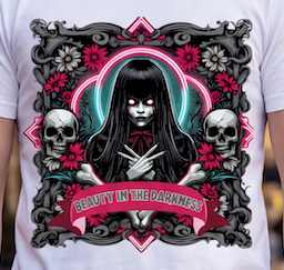 A close-up of a white short-sleeve t-shirt featuring a large, detailed graphic print. The design depicts a gothic girl with long black hair and red eyes, framed by skulls, flowers, and ornate black scrollwork, with a pink banner reading 'BEAUTY IN THE DARNNESS'.