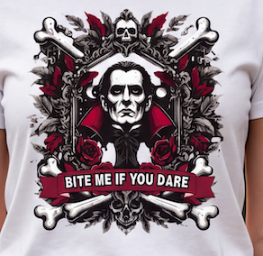 A close-up of a white t-shirt featuring a detailed graphic print of a gothic vampire design with a skull, bones, roses, and a banner that reads 'BITE ME IF YOU DARE'.