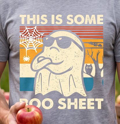 A close up of a heather gray graphic T-shirt with a retro-style Halloween design. The shirt reads 'THIS IS SOME BOO SHEET' and features a ghost wearing sunglasses over a sunset-striped background with spiderwebs, a tree, and an owl.