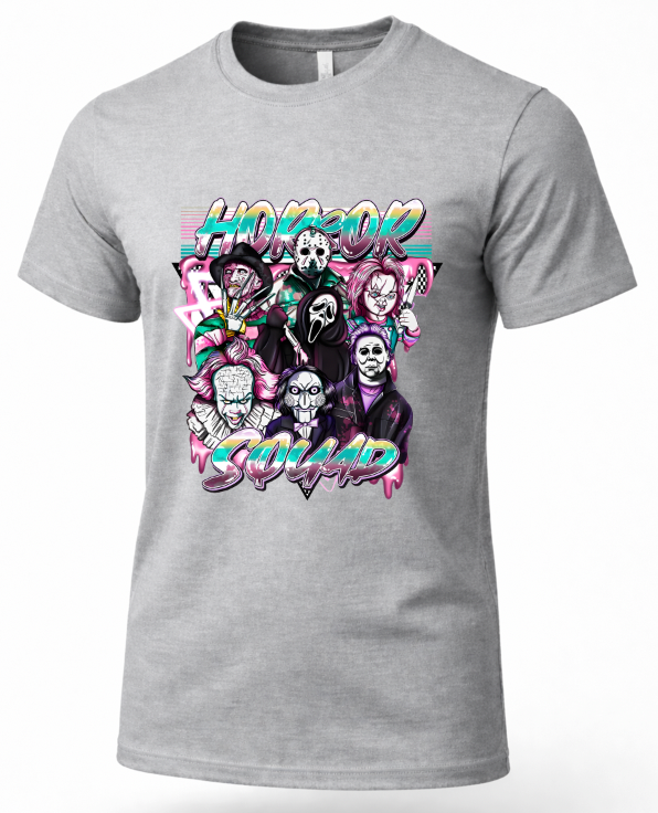 A heather gray crewneck t-shirt featuring a colorful graphic print of the horror movie 'Horror Squad' characters and stylized text, shown on a clean white background.