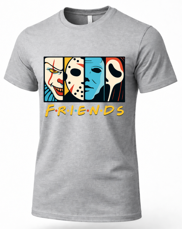 A heather gray crewneck t-shirt featuring a graphic print of four horror movie faces in the style of the Friends logo, with 'FRIENDS' written below in yellow.