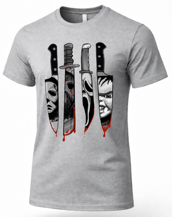 A heather gray crewneck t-shirt featuring a graphic print of four horror movie knives with faces inside them and red blood dripping at the blades, worn by a model.