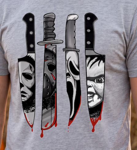 A heather gray crewneck t-shirt featuring a graphic print of four horror movie knives with faces inside them and red blood dripping at the blades, worn by a model.