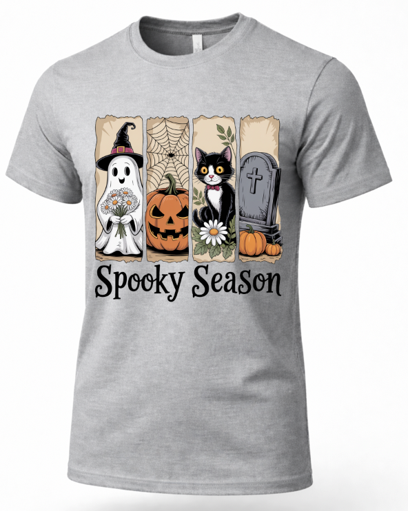 A heather gray short-sleeve crewneck t-shirt featuring a 'Spooky Season' Halloween graphic print on the front, displayed on a clean white background.