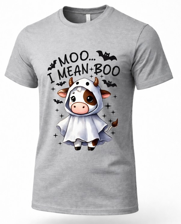 A heather gray short-sleeve crewneck t-shirt featuring a cartoon graphic of a cute brown and white cow in a white ghost costume with the text 'I MOO.