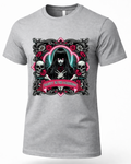 A heather gray short-sleeve crewneck t-shirt featuring a gothic-style graphic print on the front. The graphic depicts a dark-haired female figure with a black veil, flanked by skulls and pink roses, with a banner reading 'BEAUTY IN THE DARKNESS'.