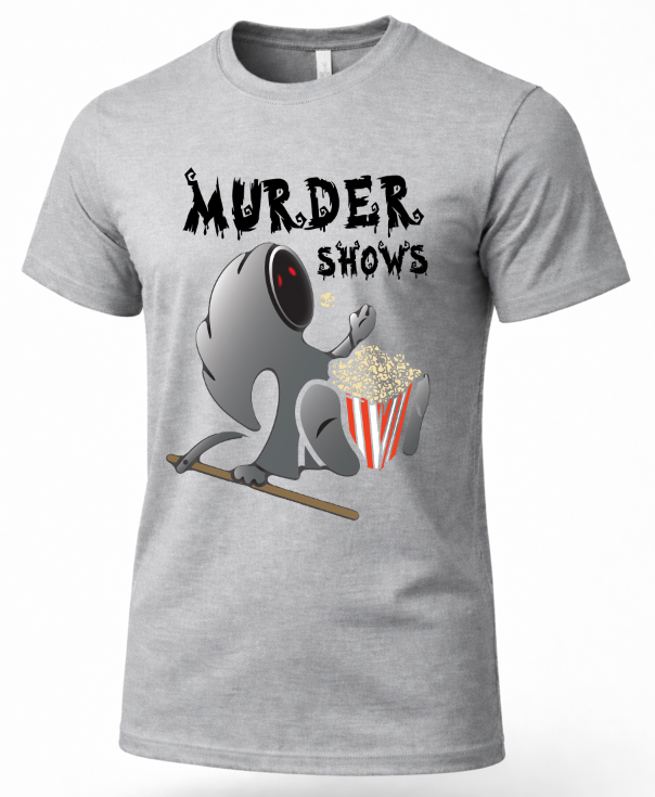 A heather gray short-sleeve crewneck t-shirt featuring a graphic of a cartoon gray creature eating popcorn with the text 'MURDER SHOWS' in a dripping horror font.