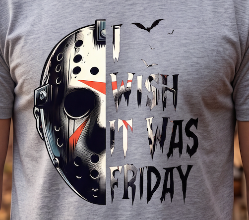 A heather gray short-sleeve crewneck t-shirt featuring a graphic print of Jason Voorhees' hockey mask and the text 'I WISH IT WAS FRIDAY' in a distressed font.