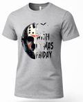 A heather gray short-sleeve crewneck t-shirt featuring a graphic print of Jason Voorhees' hockey mask and the text 'I WISH IT WAS FRIDAY' in a distressed font.
