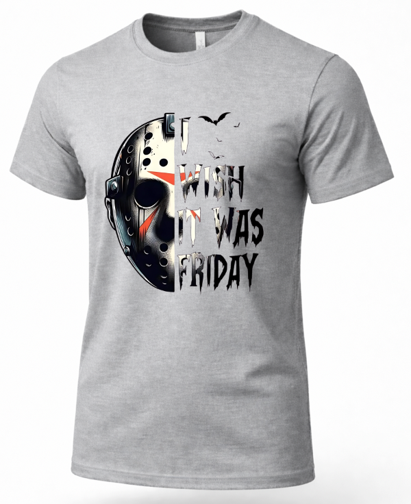A heather gray short-sleeve crewneck t-shirt featuring a graphic print of Jason Voorhees' hockey mask and the text 'I WISH IT WAS FRIDAY' in a distressed font.