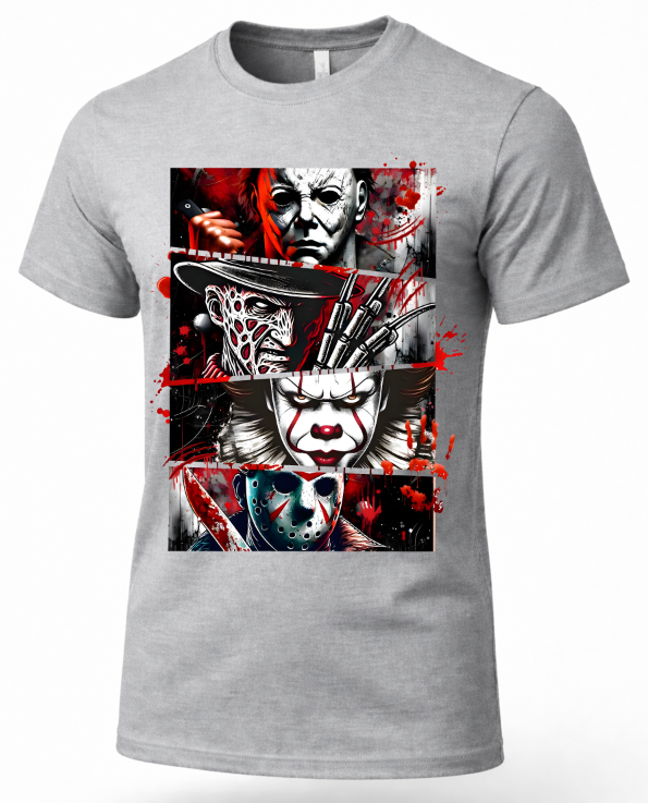A heather gray short-sleeve crewneck t-shirt featuring a large graphic print of horror movie villains including Freddy Krueger, Leatherface, Jason Voorhees, and Michael Myers with red blood splatter details.