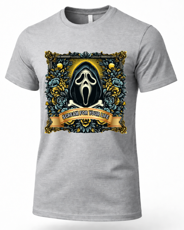 A heather gray short-sleeve crewneck t-shirt featuring a large graphic print of the Ghostface character from Scream, framed by a gold and blue floral border with a banner reading 'SCREAM FOR YOUR LIFE'.