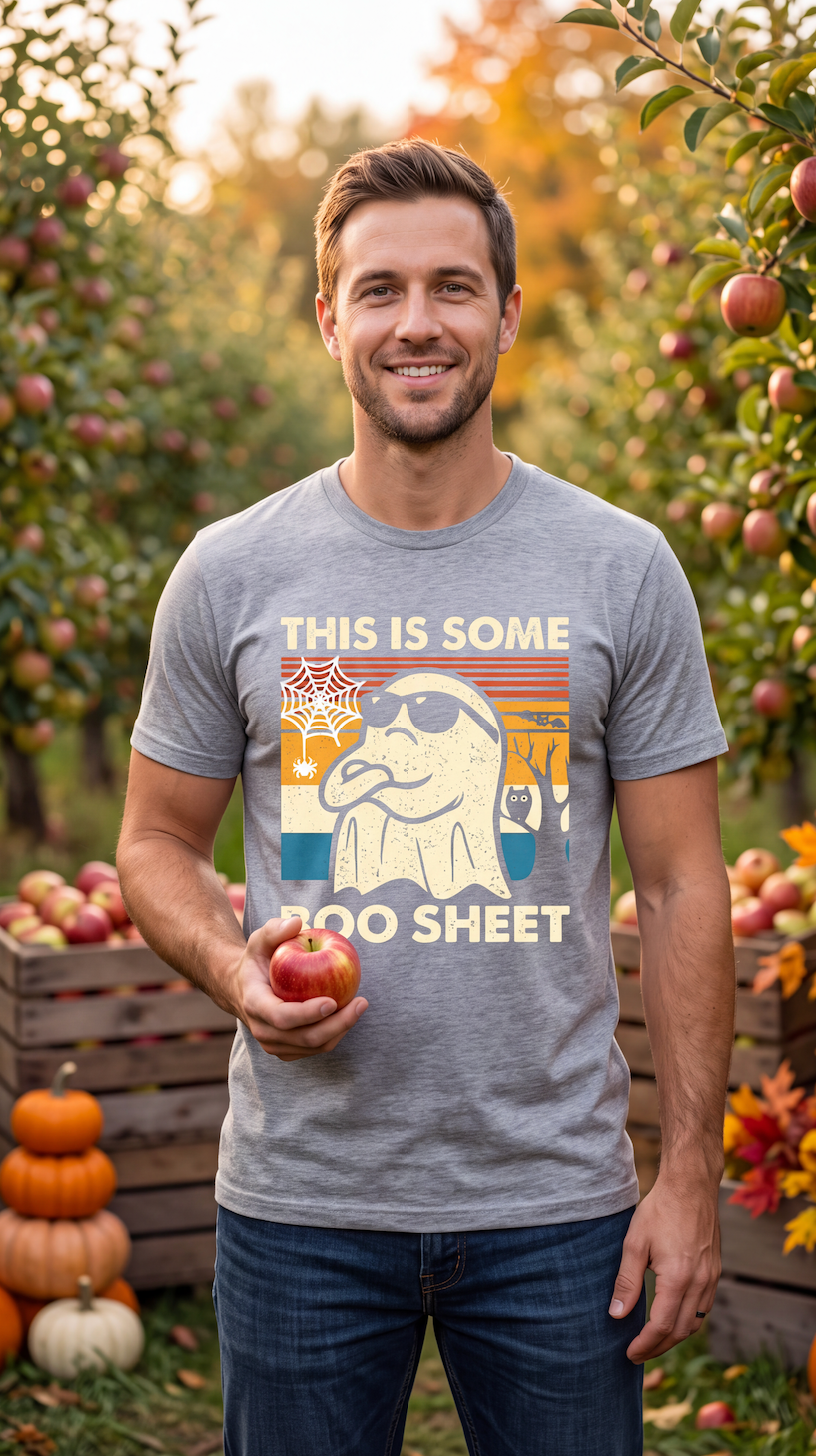 A man standing in an autumn apple orchard wearing a gray graphic t-shirt with a retro-style ghost illustration and the text 'THIS IS SOME TOO SHEET'. He is holding an apple, with pumpkins and apple trees in the background.